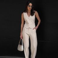 Women's Casual Solid Color Cotton And Linen Button Pants Sets main image 4