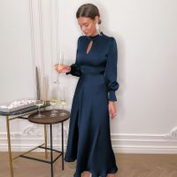 Women's Satin Dress Elegant High Neck Hollow Out Long Sleeve Solid Color Midi Dress Banquet sku image 10