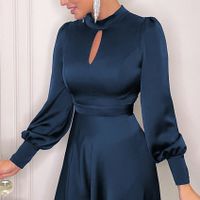 Women's Satin Dress Elegant High Neck Hollow Out Long Sleeve Solid Color Midi Dress Banquet main image 4