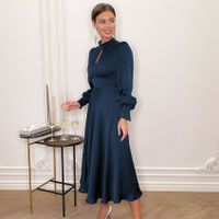 Women's Satin Dress Elegant High Neck Hollow Out Long Sleeve Solid Color Midi Dress Banquet main image 3