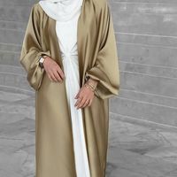 Les Femmes Musulmanes Transfrontalières Portent Satin Puff Sleeve Robe Moyen-orient Dubaï Cardigan Élégant Intérieur Longue Jupe Swing Contenant La Ceinture main image 5