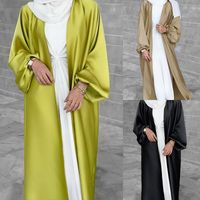 Les Femmes Musulmanes Transfrontalières Portent Satin Puff Sleeve Robe Moyen-orient Dubaï Cardigan Élégant Intérieur Longue Jupe Swing Contenant La Ceinture main image 1