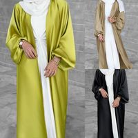 Les Femmes Musulmanes Transfrontalières Portent Satin Puff Sleeve Robe Moyen-orient Dubaï Cardigan Élégant Intérieur Longue Jupe Swing Contenant La Ceinture main image 6