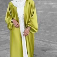 Les Femmes Musulmanes Transfrontalières Portent Satin Puff Sleeve Robe Moyen-orient Dubaï Cardigan Élégant Intérieur Longue Jupe Swing Contenant La Ceinture main image 4