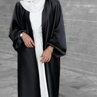 Les Femmes Musulmanes Transfrontalières Portent Satin Puff Sleeve Robe Moyen-orient Dubaï Cardigan Élégant Intérieur Longue Jupe Swing Contenant La Ceinture main image 3