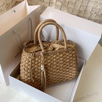 Women's Straw Solid Color Vacation Beach Streetwear Weave Sewing Thread Square String Handbag sku image 1