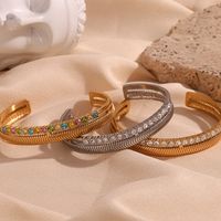 Basic Simple Style Classic Style Solid Color Stainless Steel 18k Gold Plated Rhinestones Cuff Bracelets In Bulk main image 4