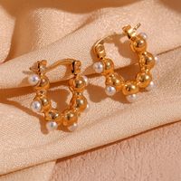 1 Pair Basic Simple Style Classic Style Irregular Plating Inlay Stainless Steel Artificial Pearls 18k Gold Plated Hoop Earrings main image 1