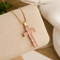 Simple Style Cross Copper 18k Gold Plated Zircon Pendant Necklace In Bulk main image 3