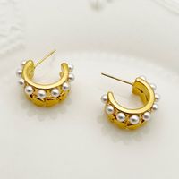 1 Pair Elegant Classical Sweet C Shape Plating Inlay 304 Stainless Steel Pearl 14K Gold Plated Ear Studs main image 1