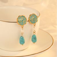 1 Paire Style Vintage Géométrique Placage Incruster Acier Inoxydable Turquoise Opale Plaqué Or Boucles D'oreilles main image 4