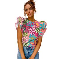 Women's Blouse Short Sleeve Blouses Printing Contrast Binding Ethnic Style Flower main image 5
