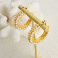 1 Pair Lady Baroque Style Geometric Plating Inlay Titanium Steel Artificial Pearls 18k Gold Plated Ear Studs sku image 1