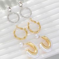 3 Pairs Korean Style C Shape Circle Twist Inlay Imitation Pearl Alloy Rhinestones Earrings main image 1