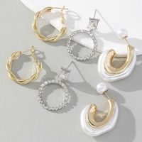 3 Pairs Korean Style C Shape Circle Twist Inlay Imitation Pearl Alloy Rhinestones Earrings main image 6