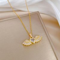 Stainless Steel Copper Lady Elegant Inlay Heart Shape Angel Wings Zircon Pendant Necklace sku image 1