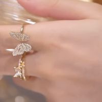 Sweet Butterfly Copper Plating Inlay Artificial Diamond Shell Open Rings main image 5
