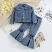 Simple Style Solid Color Bowknot Denim Girls Clothing Sets sku image 3