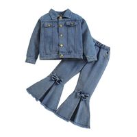 Simple Style Solid Color Bowknot Denim Girls Clothing Sets main image 5