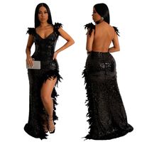 Women's Strap Dress Sexy V Neck Sequins Slit Feather Sleeveless Solid Color Midi Dress Party main image 3
