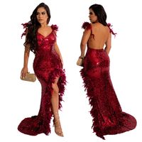 Women's Strap Dress Sexy V Neck Sequins Slit Feather Sleeveless Solid Color Midi Dress Party main image 2