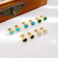 1 Pair Classic Style Round Texture Inlay Stainless Steel Turquoise Ear Studs main image 3