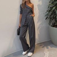 Women's Simple Style Solid Color Polyester Asymmetrical Pocket Button Pants Sets main image 5