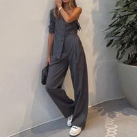 Women's Simple Style Solid Color Polyester Asymmetrical Pocket Button Pants Sets main image 3