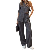 Women's Simple Style Solid Color Polyester Asymmetrical Pocket Button Pants Sets main image 2