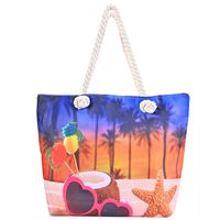 Women's Large Canvas Color Block Vacation Beach Square Zipper Shoulder Bag Tote Bag main image 5