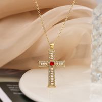 Simple Style Commute Cross Copper 18k Gold Plated Artificial Pearls Zircon Pendant Necklace In Bulk sku image 3