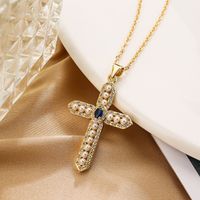 Simple Style Commute Cross Copper 18k Gold Plated Artificial Pearls Zircon Pendant Necklace In Bulk sku image 2