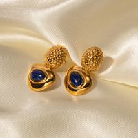 1 Pair Vintage Style Triangle Plating Inlay Stainless Steel Lapis Lazuli Natural Stone 18k Gold Plated Ear Studs main image 3