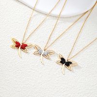 201 Stainless Steel 18K Gold Plated Modern Style Korean Style Plating Hollow Out Inlay Dragonfly Rhinestones Glass Pendant Necklace main image 1