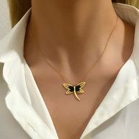 201 Stainless Steel 18K Gold Plated Modern Style Korean Style Plating Hollow Out Inlay Dragonfly Rhinestones Glass Pendant Necklace main image 9