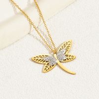 201 Stainless Steel 18K Gold Plated Modern Style Korean Style Plating Hollow Out Inlay Dragonfly Rhinestones Glass Pendant Necklace main image 5