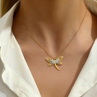 201 Stainless Steel 18K Gold Plated Modern Style Korean Style Plating Hollow Out Inlay Dragonfly Rhinestones Glass Pendant Necklace main image 6