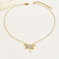 201 Stainless Steel 18K Gold Plated Modern Style Korean Style Plating Hollow Out Inlay Dragonfly Rhinestones Glass Pendant Necklace main image 7