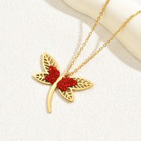 201 Stainless Steel 18K Gold Plated Modern Style Korean Style Plating Hollow Out Inlay Dragonfly Rhinestones Glass Pendant Necklace main image 2