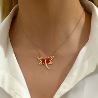 201 Stainless Steel 18K Gold Plated Modern Style Korean Style Plating Hollow Out Inlay Dragonfly Rhinestones Glass Pendant Necklace main image 4