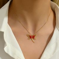 201 Stainless Steel 18K Gold Plated Modern Style Korean Style Plating Hollow Out Inlay Dragonfly Rhinestones Glass Pendant Necklace main image 3
