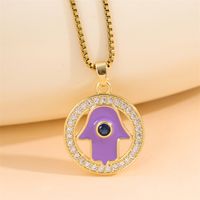 Wholesale Classic Style Devil's Eye Hand Of Fatima Stainless Steel Copper Plating Inlay 18K Gold Plated Zircon Pendant Necklace sku image 1
