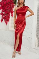 Women's Party Dress Elegant Sexy Oblique Collar Pleated Short Sleeve Solid Color Maxi Long Dress Banquet main image 2