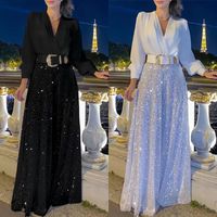 Femmes Robe De Fête Élégant Col En V Neuf Points Manches Couleur Unie Maxi Longue Robe Banquet main image 1