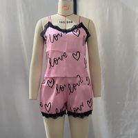 Women's Simple Style Letter Heart Shape Polyester Satin Printing Lace Shorts Sets main image 2