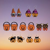 1 Paire Exagéré Motif Halloween Citrouille Chat Bois Crochet D'oreille main image 1