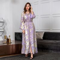 Ab139 Cross-border Middle East 2021 Autumn New Muslim Bronzing Robe Women's Two-piece Set With Belt Dress main image 3