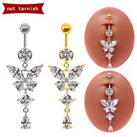 Modern Style Streetwear Shiny Butterfly Stainless Steel Rhinestone Plating Inlay Rhinestones White Gold Plated Gold Plated Belly Ring main image 1