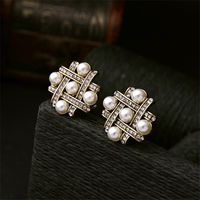 1 Pair Simple Style Square Inlay Alloy Pearl Zircon Gold Plated Ear Studs main image 4