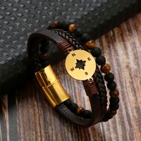 Classical Vintage Style Roman Style Compass Stainless Steel Pu Leather Natural Stone Men's Bracelets sku image 6